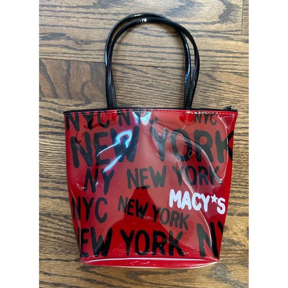 Macy's New York City Souvenir Tote Bag Red Vinyl Y2K Herald Square Small Zip Bag
